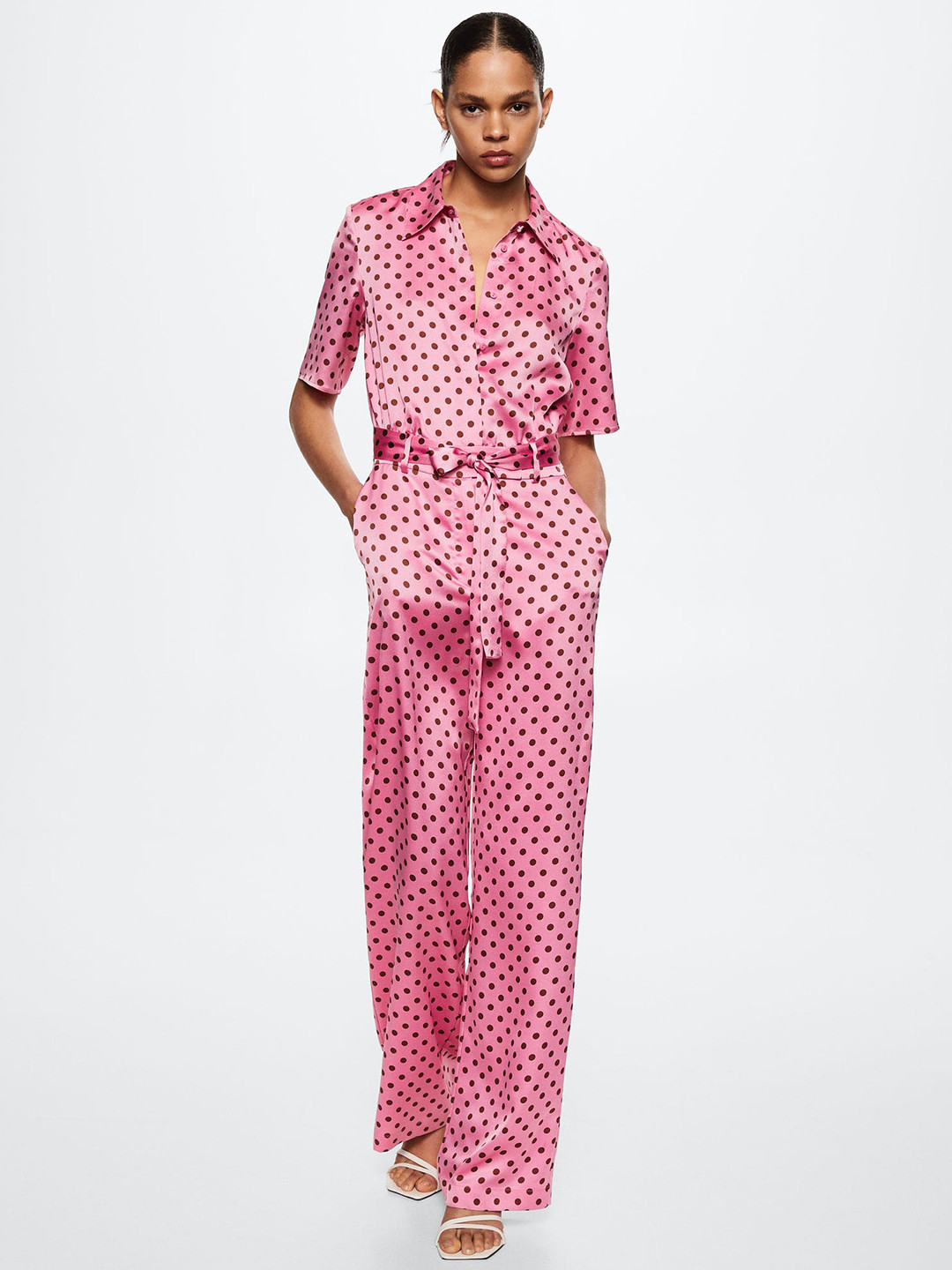 MANGO Pink & Brown Printed Basic Satin Finish Jumpsuit