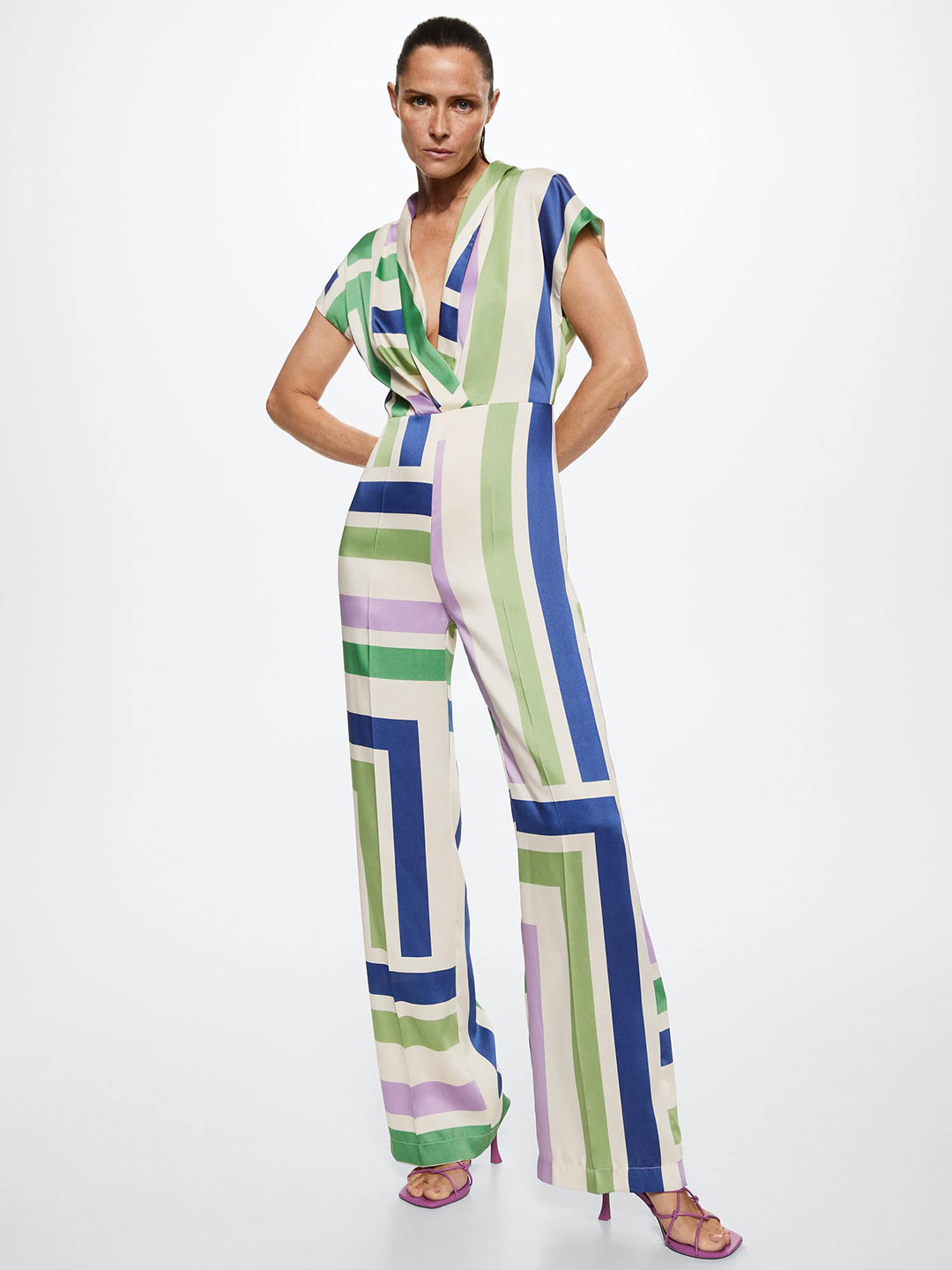 MANGO Off White & Blue Shawl Neck Printed Basic Jumpsuit