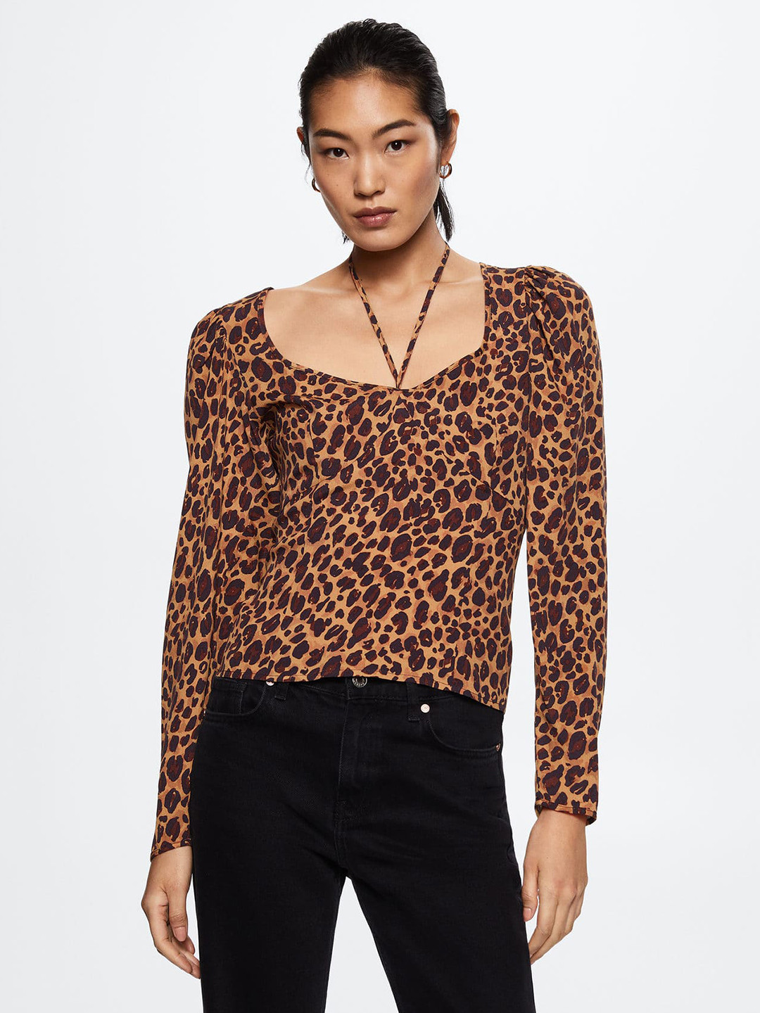 MANGO Brown & Black Animal Print Sweetheart Neck Top