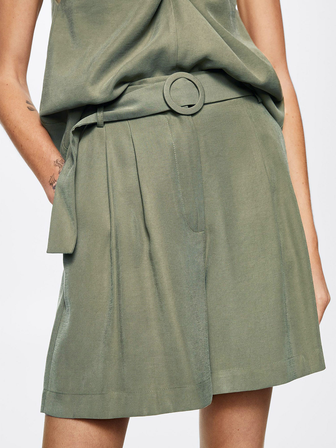 MANGO Women Olive Green Solid High-Rise Shorts with a Belt