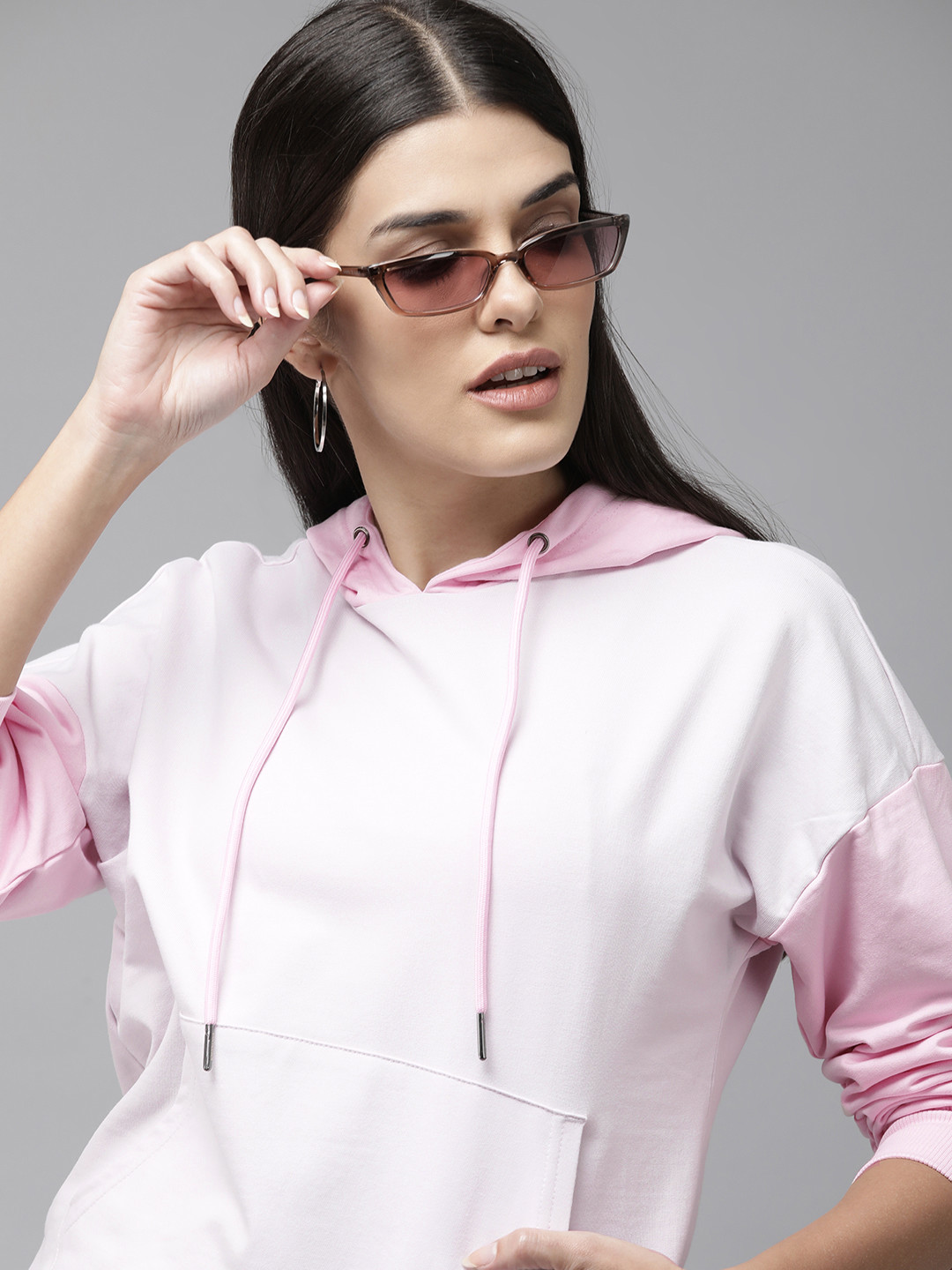 Van Heusen Women Pink And Lavender Colourblocked Hooded Sweatshirt