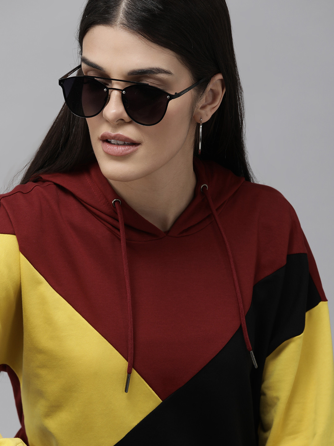 Van Heusen Women Maroon Colourblocked Hooded Pure Cotton Sweatshirt