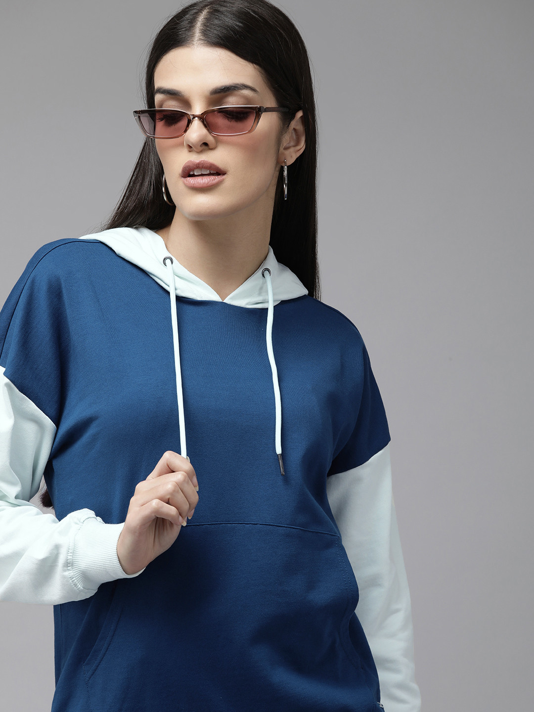 Van Heusen Women Blue And White Colourblocked Hooded Sweatshirt
