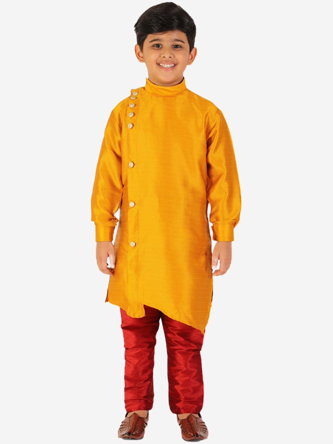 Pro-Ethic STYLE DEVELOPER Boys Mustard & Red Pure Silk Kurta & Pyjama Set