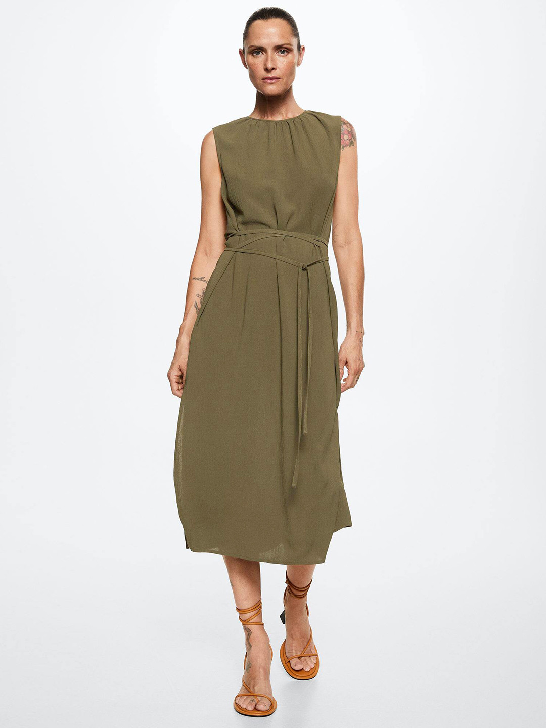 MANGO Olive Green A-Line Midi Dress