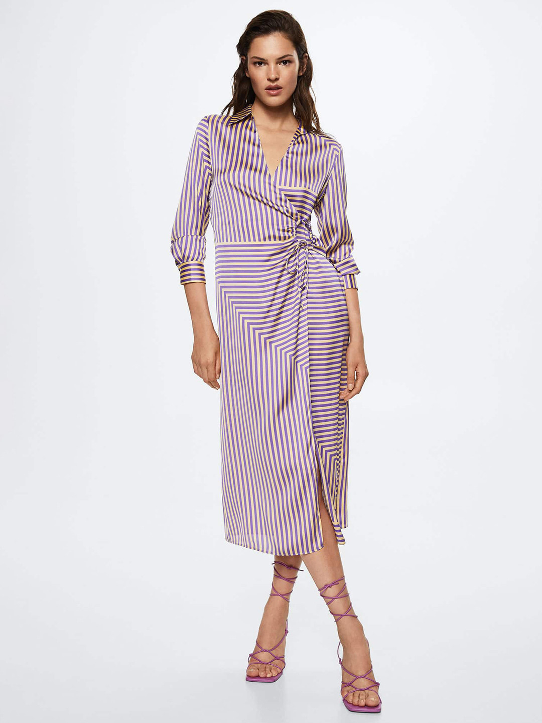 MANGO Yellow & Purple Striped Satin Sustainable Midi Dress