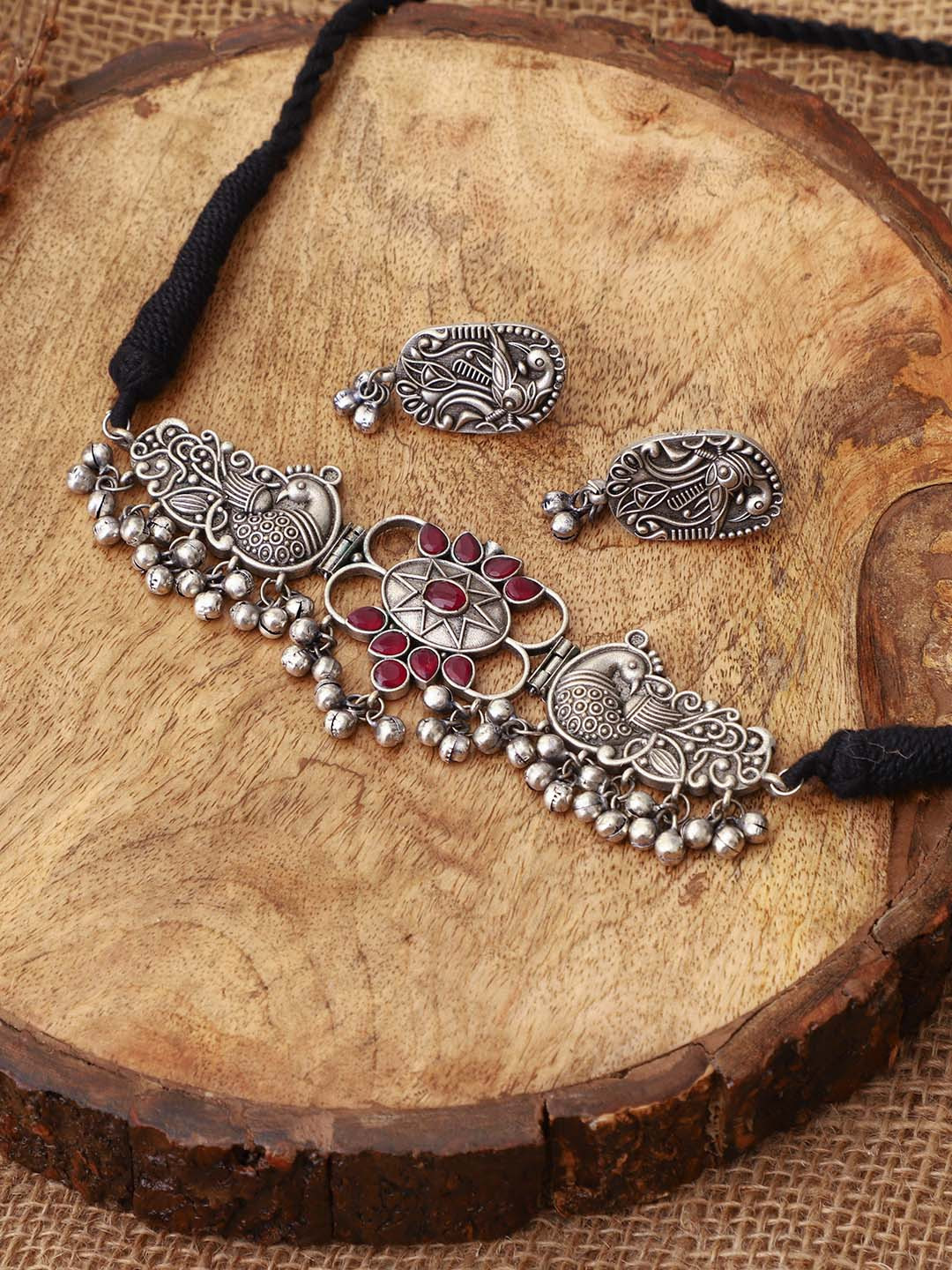 VENI Silver-Plated Oxidized Silver Ruby Stone Choker Necklace With Earrings