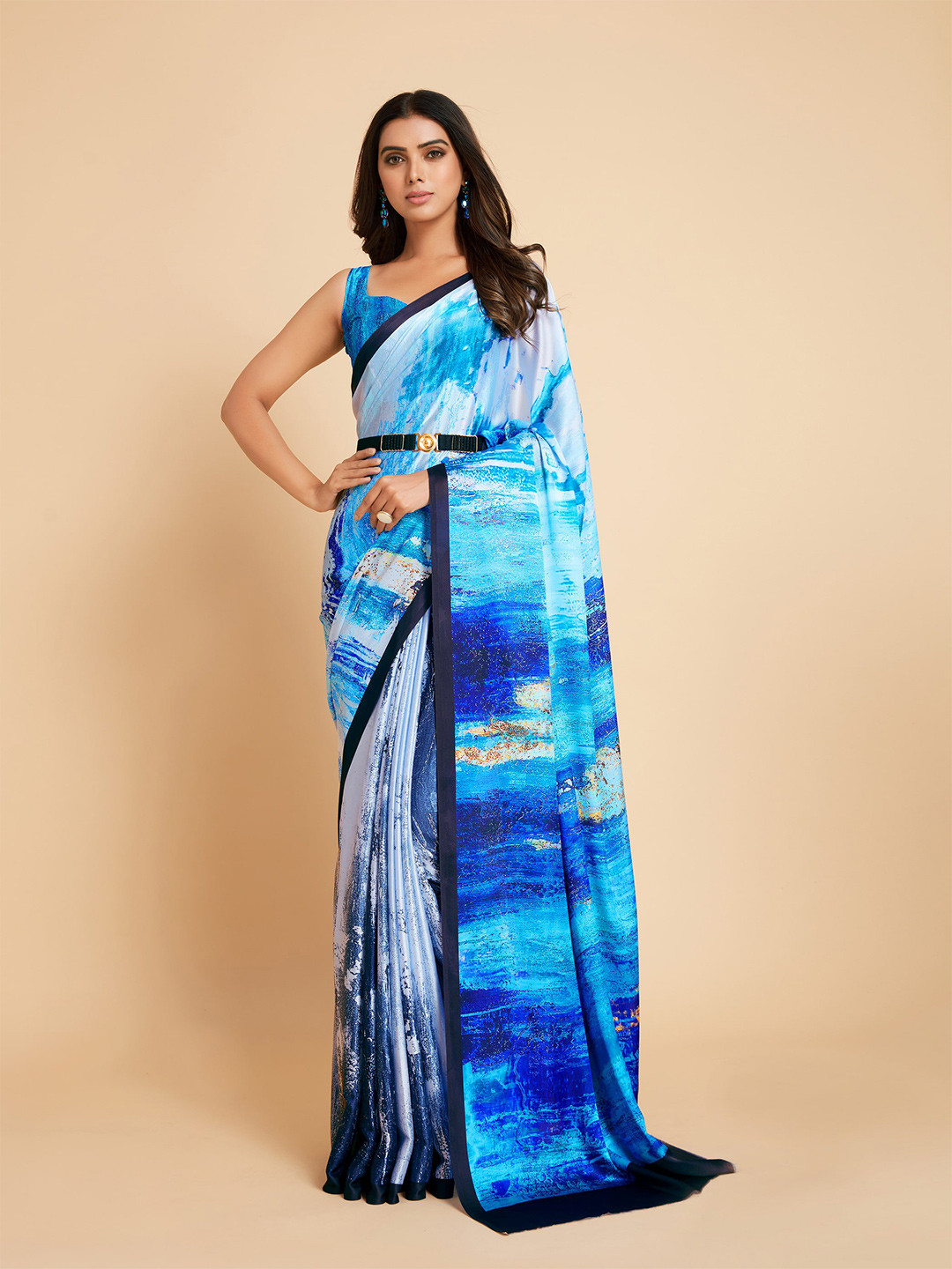 Sangria Women Blue Printed Ready to wear Saree