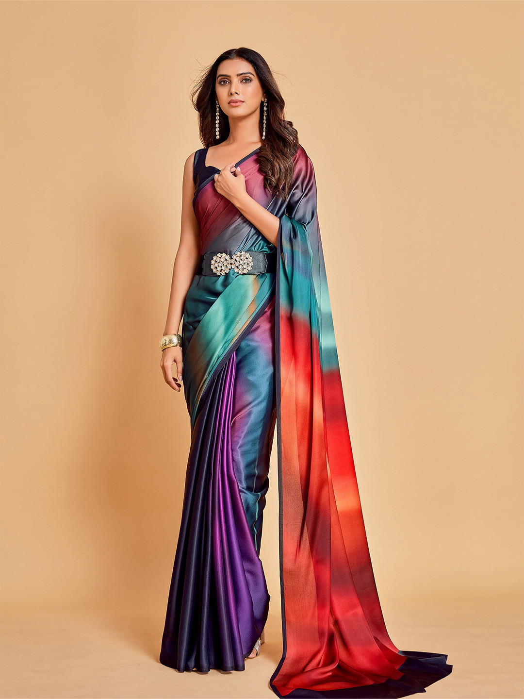 Sangria Violet & Orange Ombre Satin Saree