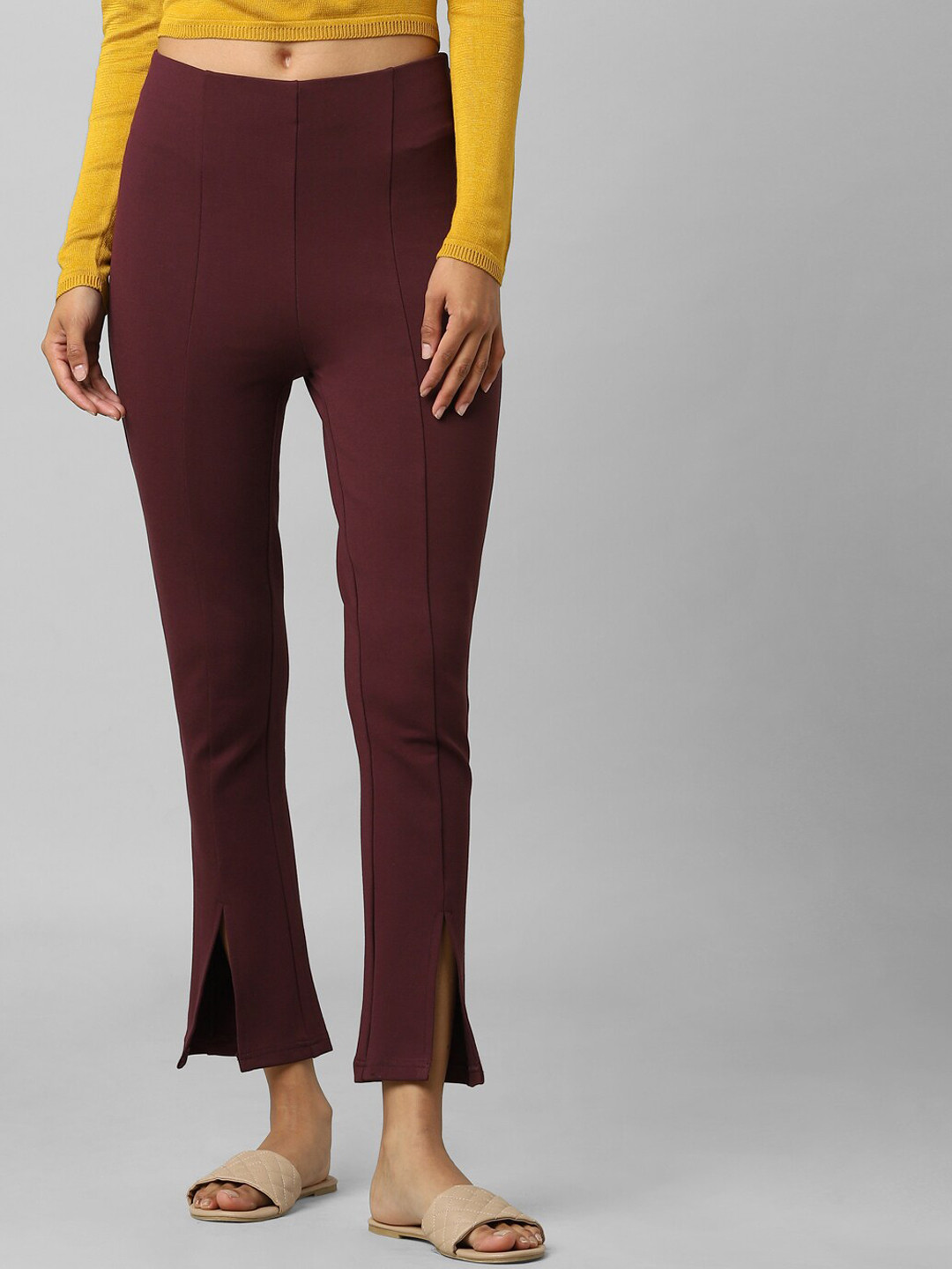 ONLY Women Maroon Solid Ankle-Length Flare Leggings