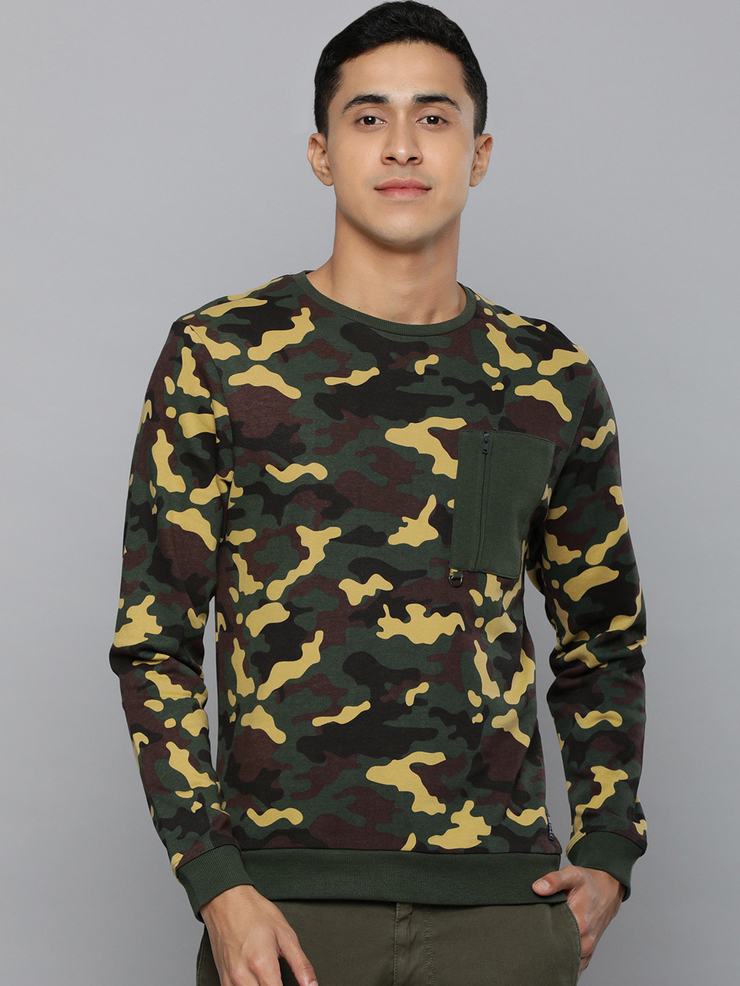 Flying Machine Men Olive Green & Khaki Camouflage Printed Sweatshirt