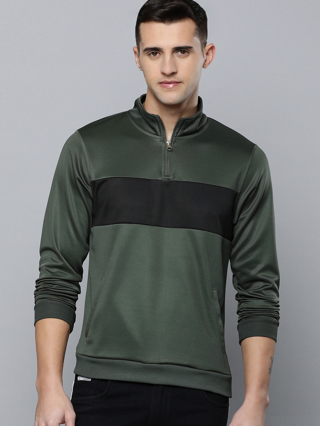 Flying Machine Men Green And Black Colourblocked Sweatshirt