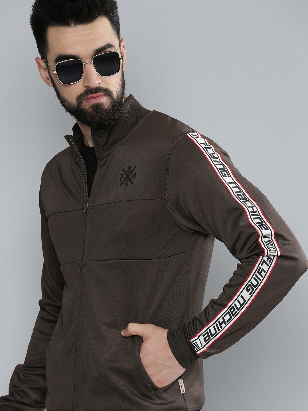 Flying Machine Men Black Applique Front-Open Sweatshirt With Side Logo Tape