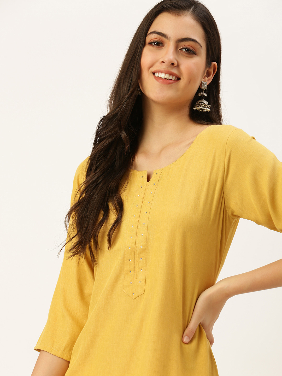SHOWOFF Women Yellow Extended Sleeves Thread Work Kurta