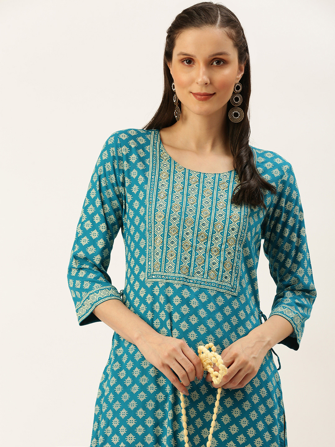 SHOWOFFFF Women Blue Ethnic Motifs Printed Mirror Work Kurta
