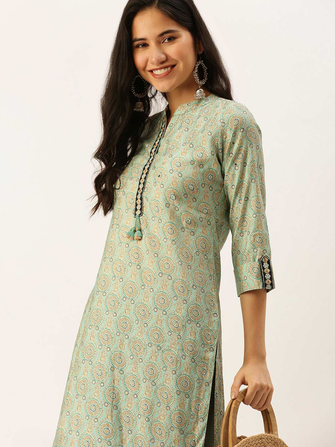 SHOWOFF Women Sea Green Ethnic Motifs Printed Straight Kurta