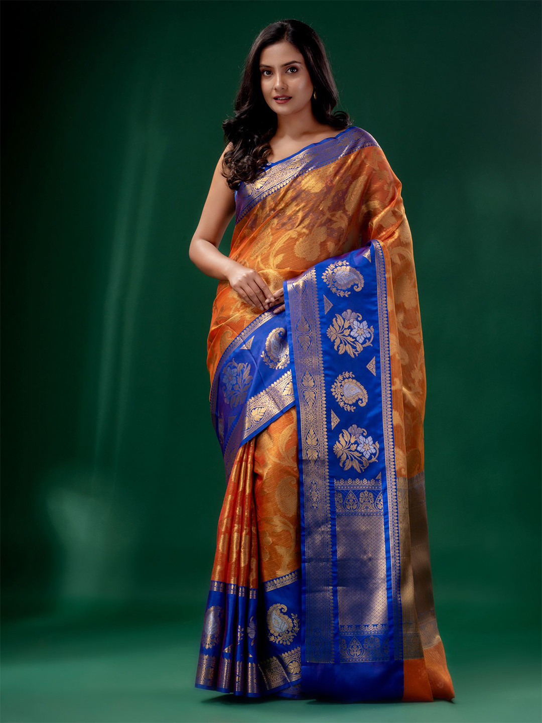 Charukriti Women Orange & Blue Woven Design Zari Organza Kanjivaram Saree