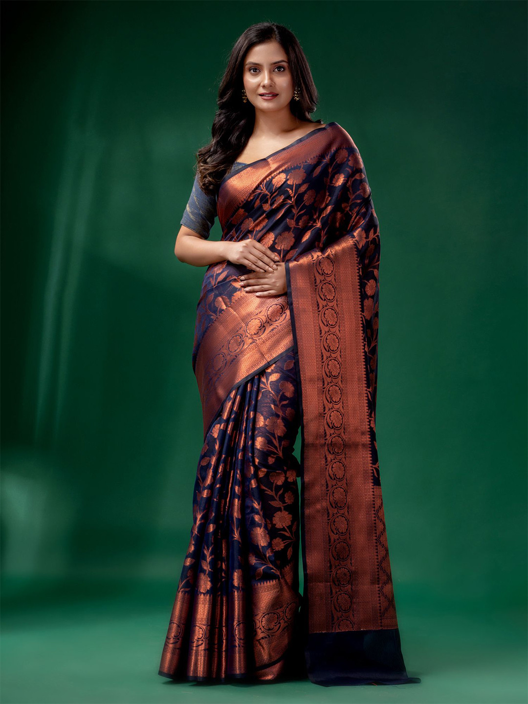 Charukriti Women Navy Blue & Copper-Toned Woven Design Zari Silk Cotton Saree