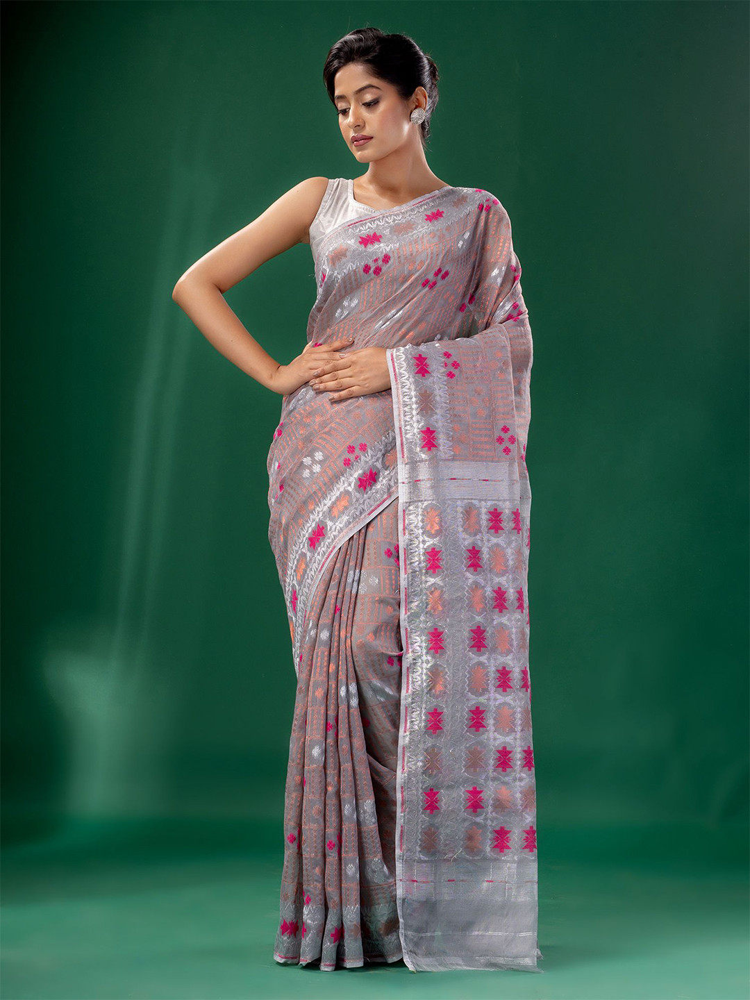 Charukriti Steel & Silver-Toned Woven Design Zari Silk Cotton Jamdani Saree