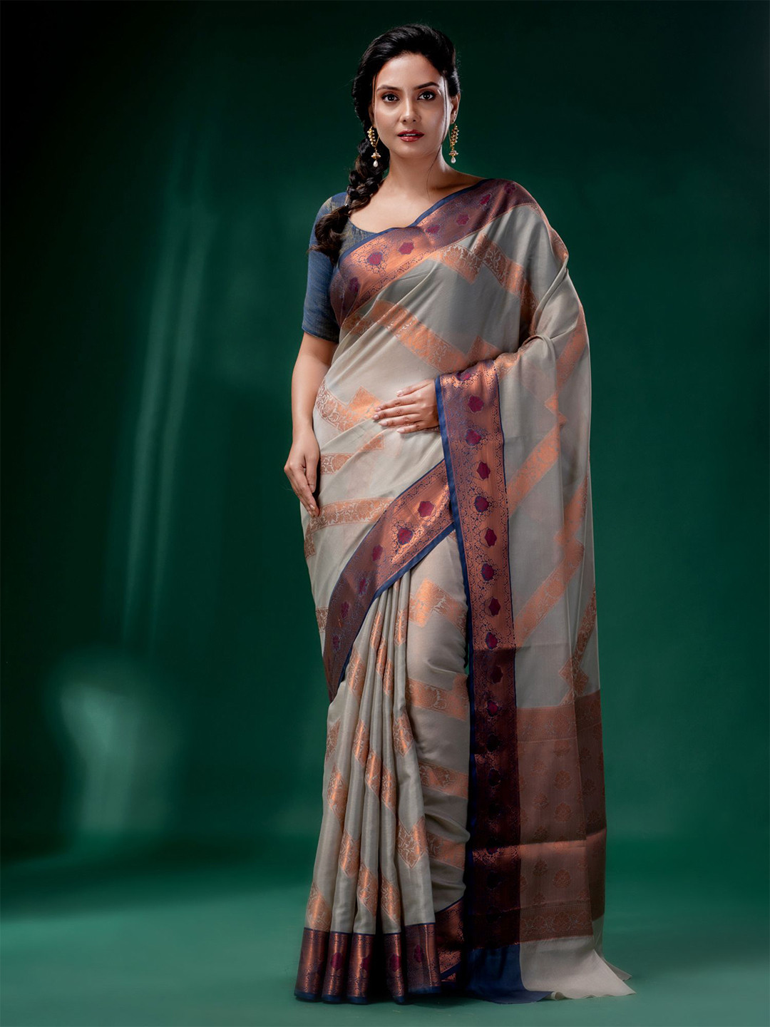 Charukriti Grey & Copper-Toned Floral Zari Silk Cotton Saree