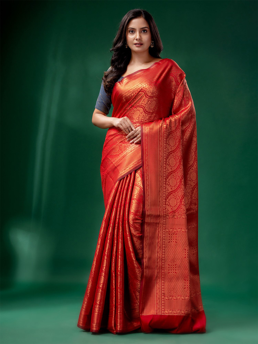 Charukriti Red & Gold-Toned Woven Design Zari Brocade Saree