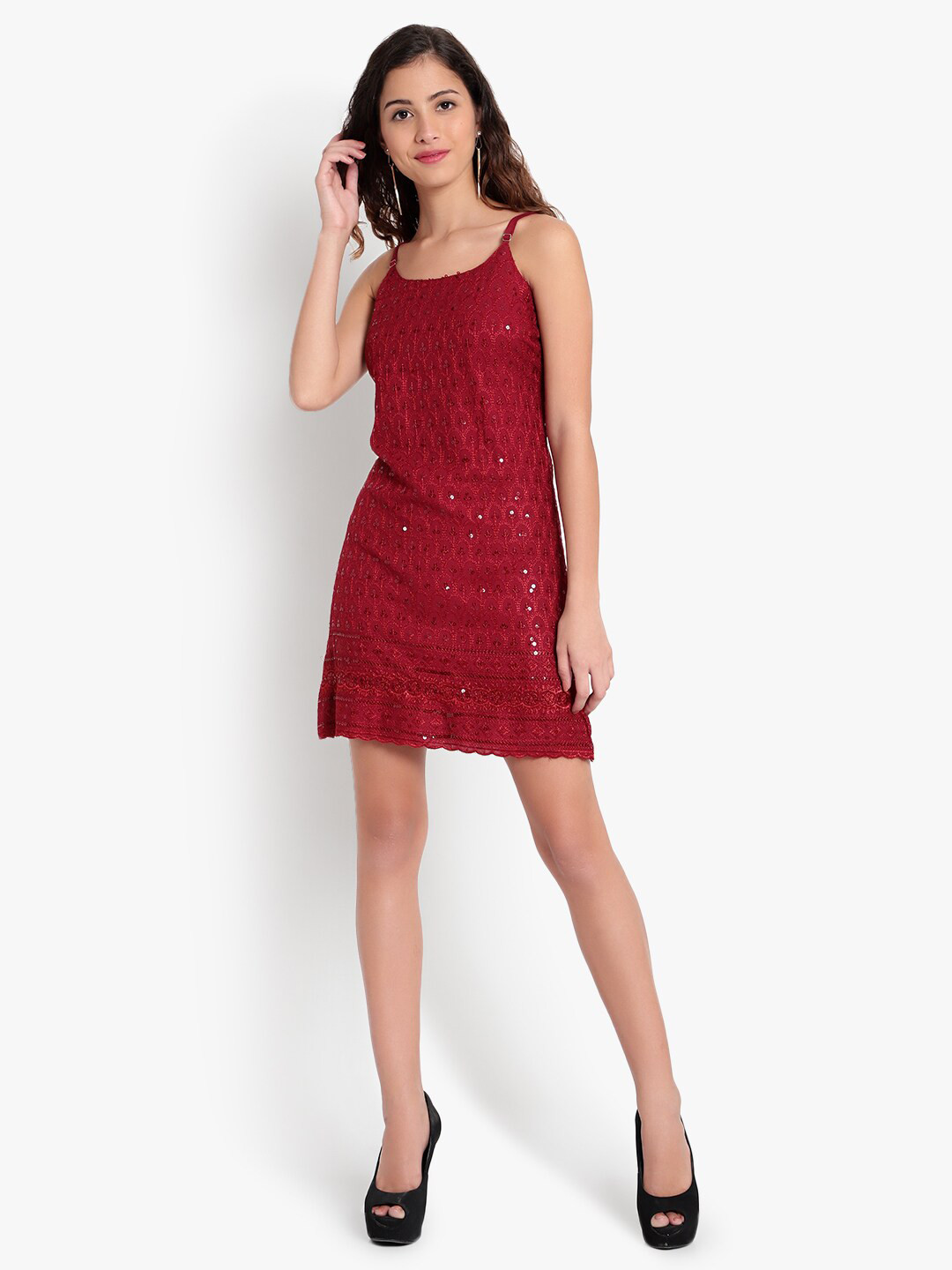 Indietoga Women Plus Size Maroon Embroidered & Sequinned A-Line Knee-Length Strap Dress