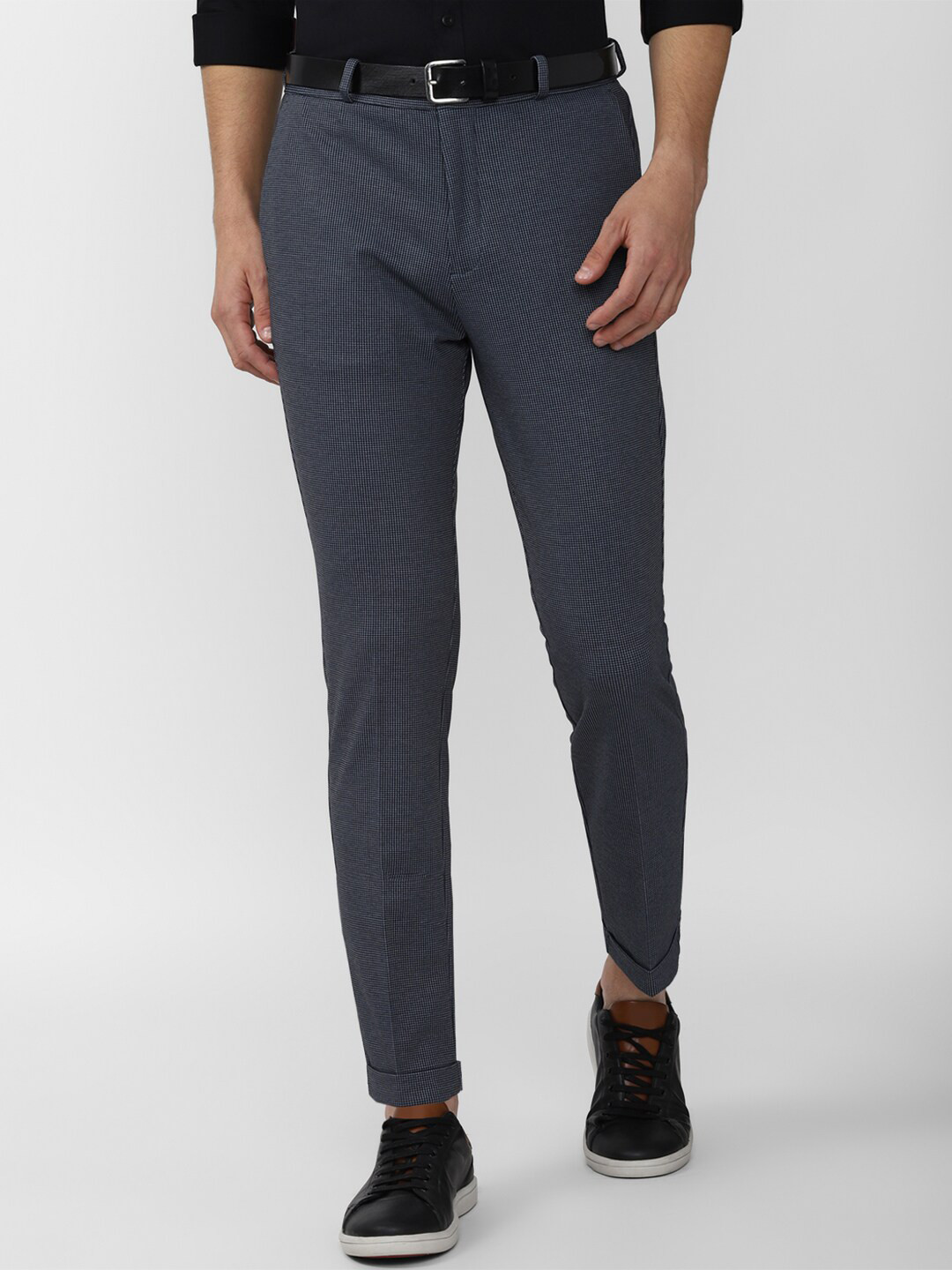 Peter England Men Blue Textured Checked Slim Fit Trousers