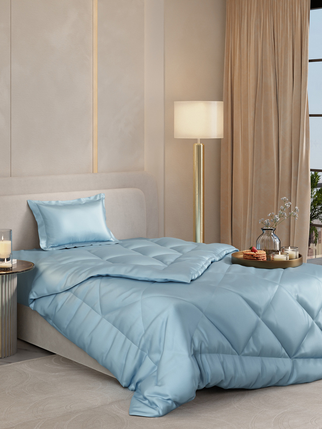 Stoa Paris Date Night Collection Blue Solid AC Room 150 GSM Satin Single Bed Comforter