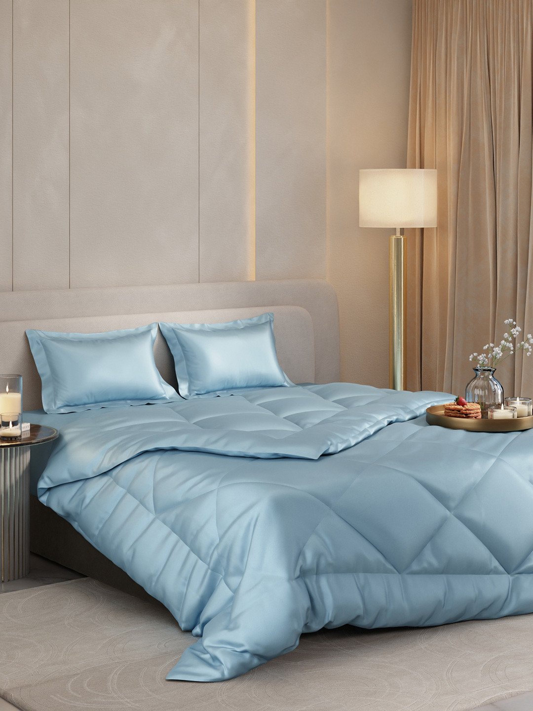 Stoa Paris Date Night Collection Blue Solid AC Room 150 GSM Double Bed Satin Comforter