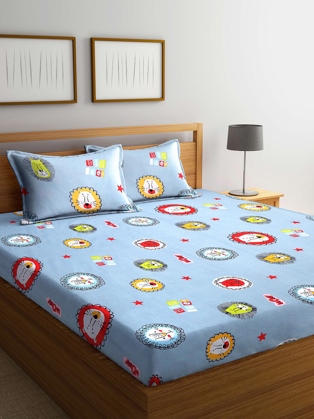KLOTTHE Blue Cartoon Characters Cotton 300 TC Fitted King Fine Bedsheet with 2 Pillow Covers-89 x 87 inches