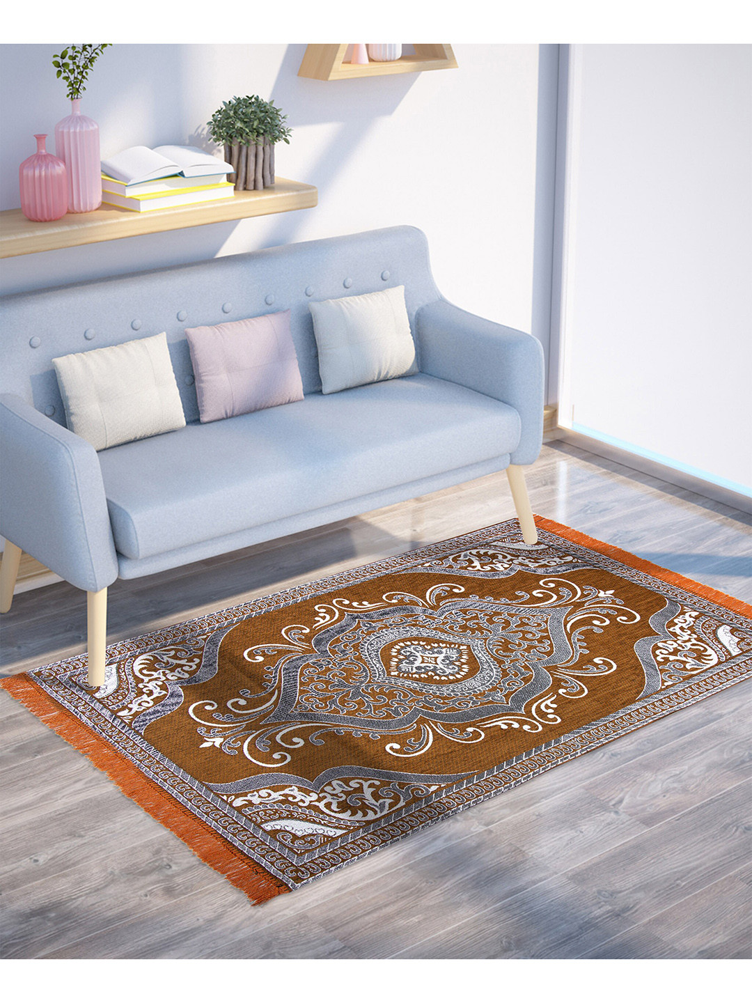 AAZEEM Orange & Grey Printed Traditional Carpets