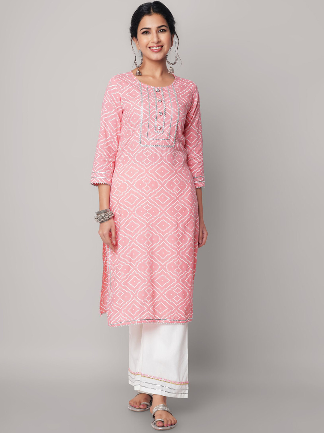 God Bless Women Peach Floral Printed Gotta Patti Kurta with Palazzos
