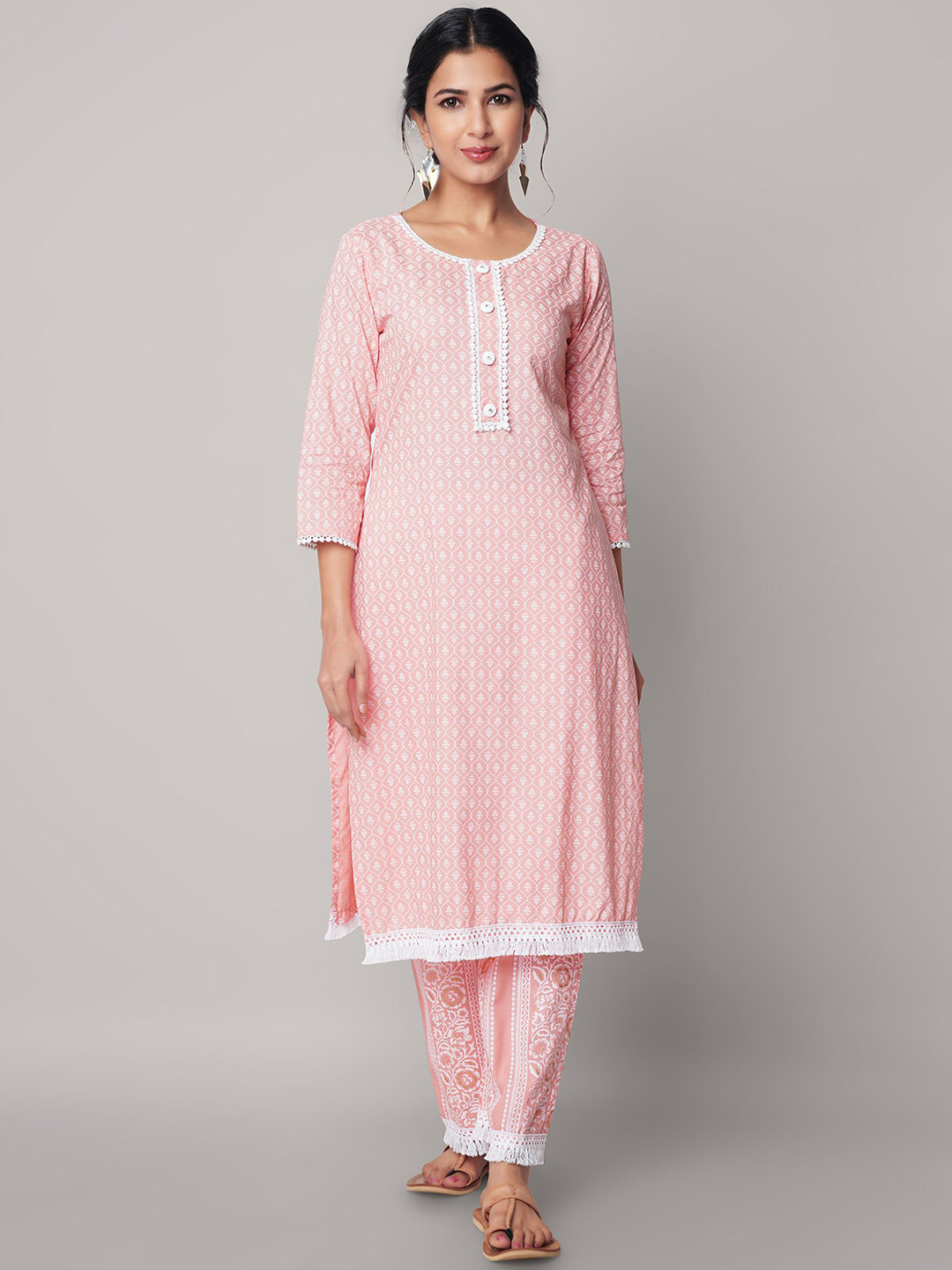 God Bless Women Peach-Coloured Ethnic Motifs Thread Work Kurta with Trousers