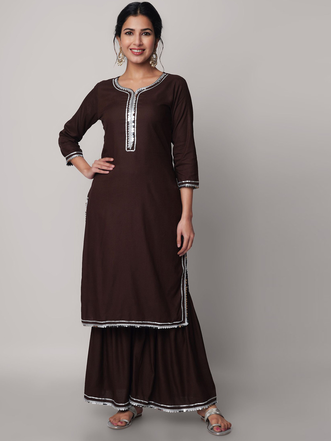 God Bless Women Coffee Brown Yoke Design Pleated Kurti with Sharara