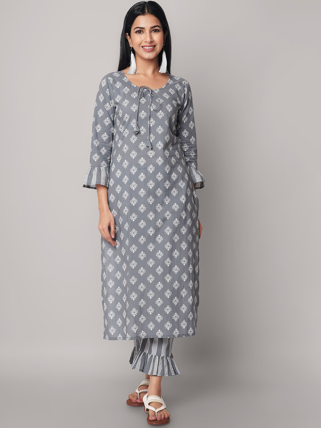 God Bless Women Grey Ethnic Motifs Yoke Design Pure Cotton Kurta with Palazzos