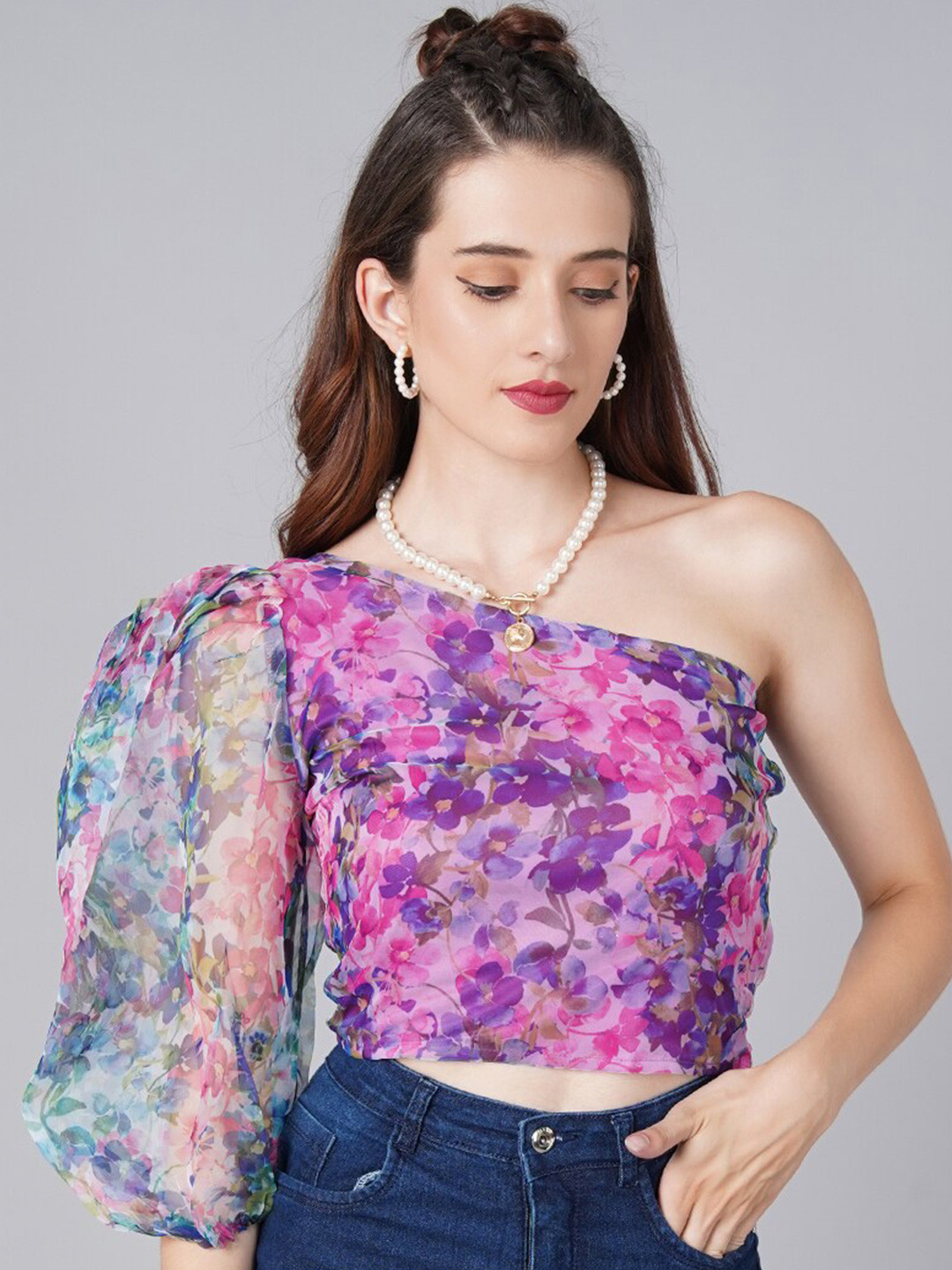 Cation Purple Floral Print One Shoulder Crop Top