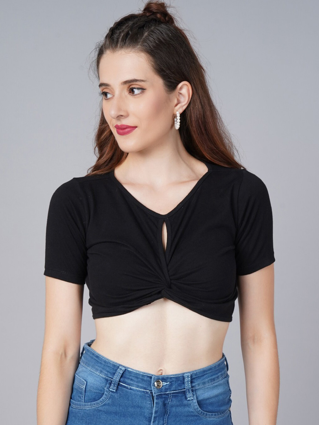 Cation Black Solid Pure Cotton Crop Top