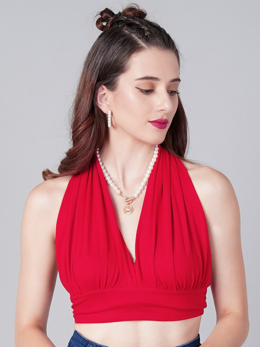 Cation Women Red Halter Neck Styled Back Crop Top