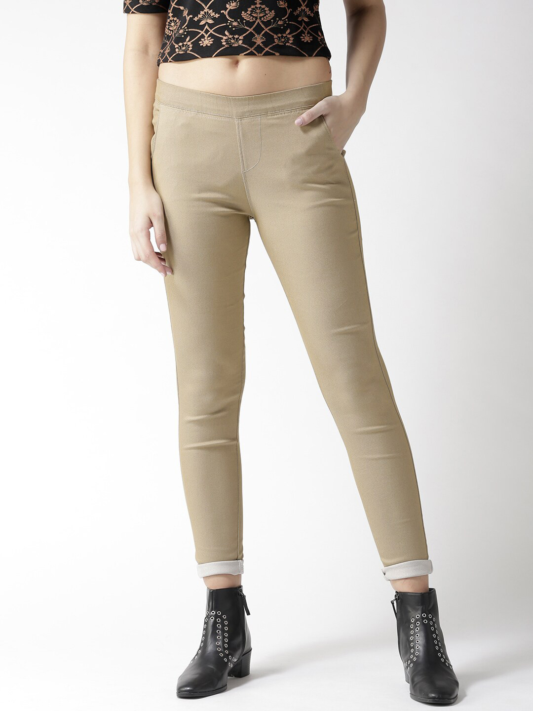 Xpose Women Khaki Colored Solid Skinny-Fit Treggings