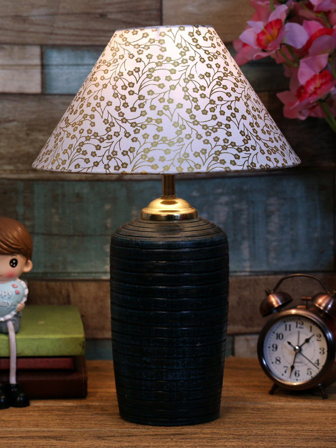 foziq Blue & White Printed Table Lamp