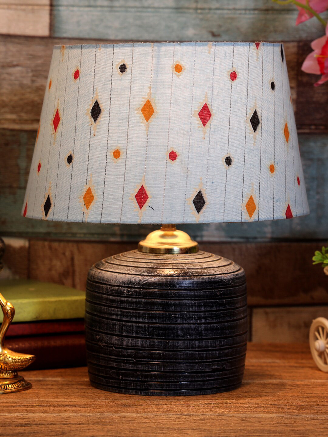 foziq Grey & White Printed Terracotta Table Lamp