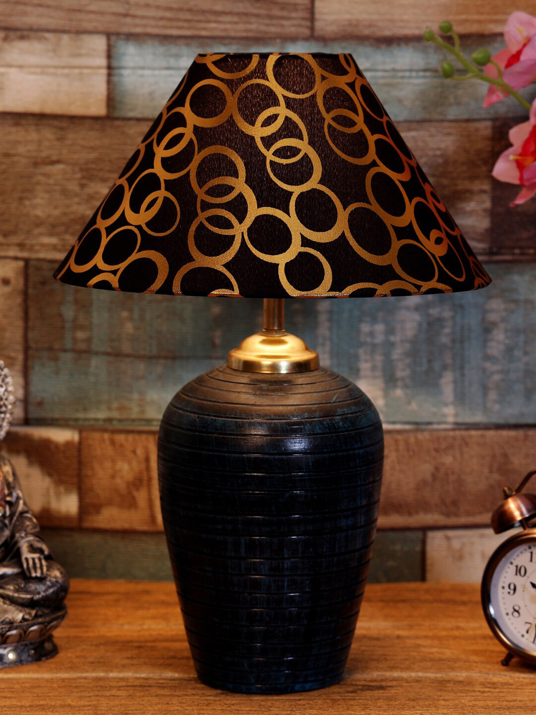 foziq Gold-Coloured & Blue Printed Table Lamp
