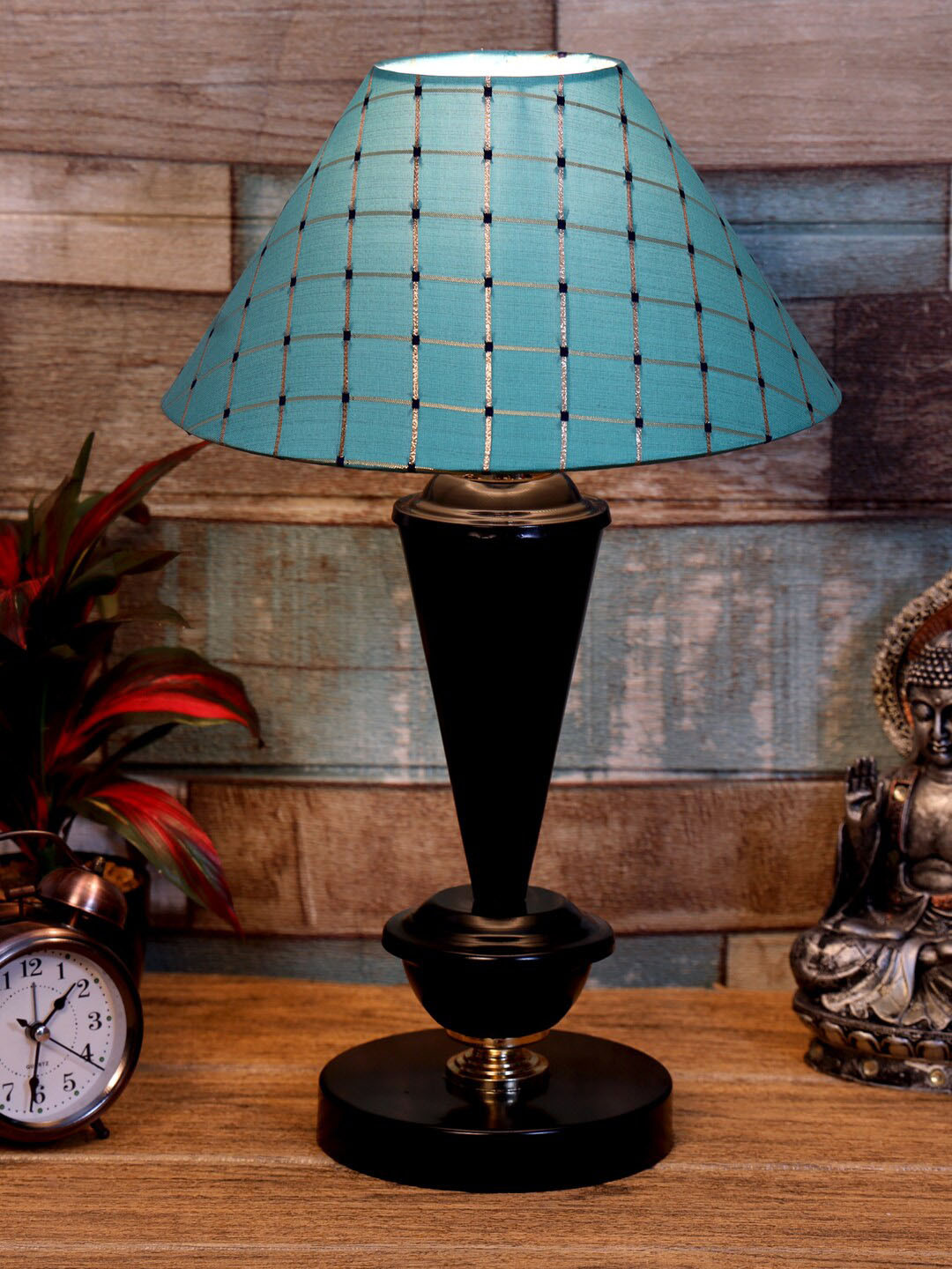 foziq Black & Blue Printed Metal Table Lamp