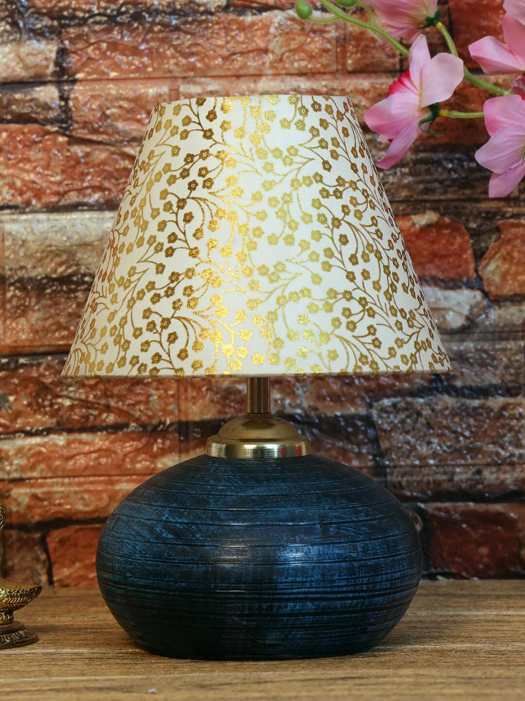 foziq Blue & Gold Floral Printed Table Lamp