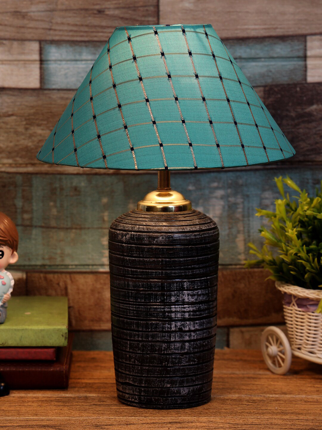 foziq Grey & Green Checked Printed Terracotta Table Lamp