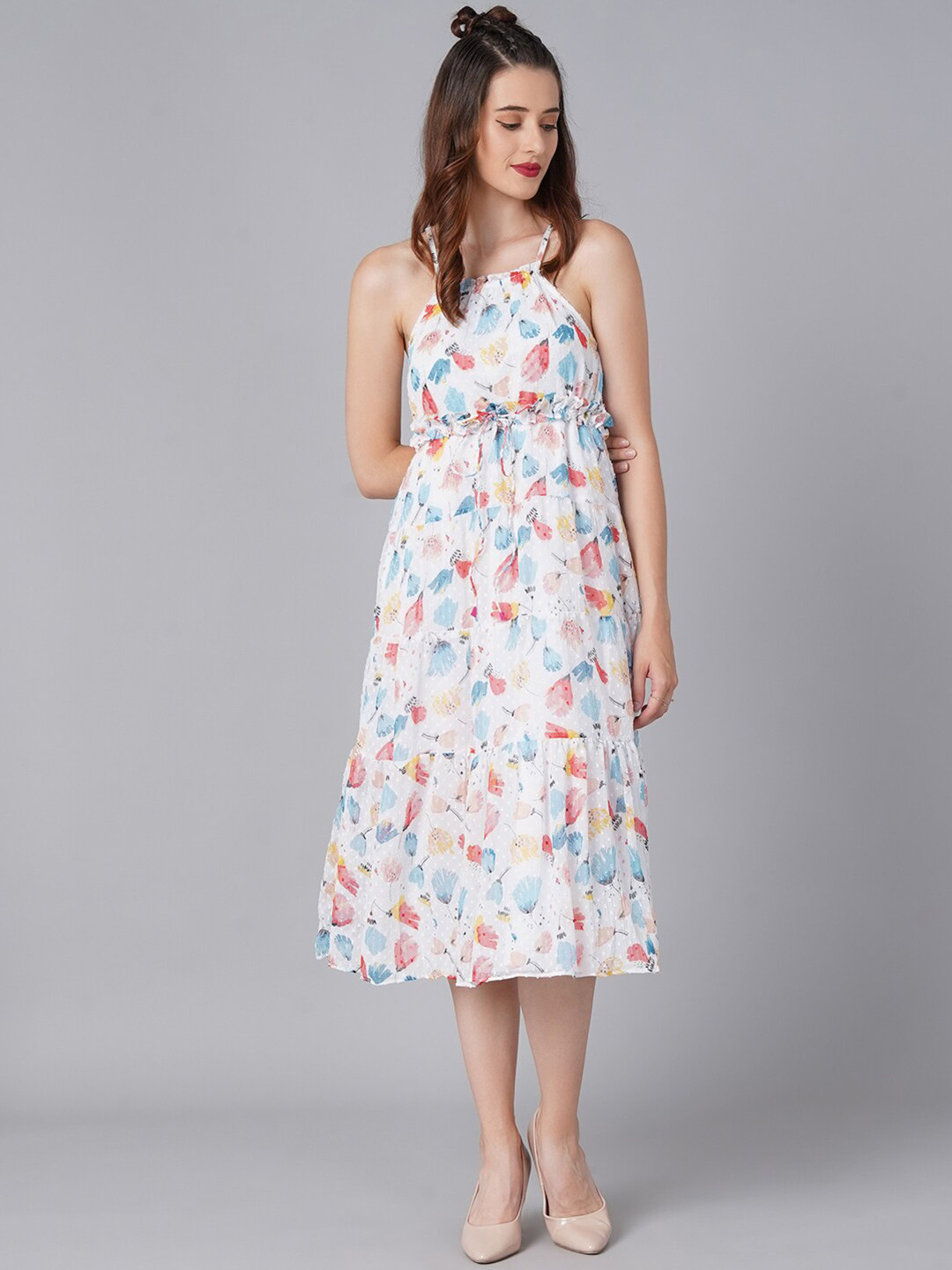 Cation White Floral Chiffon Empire Midi Dress