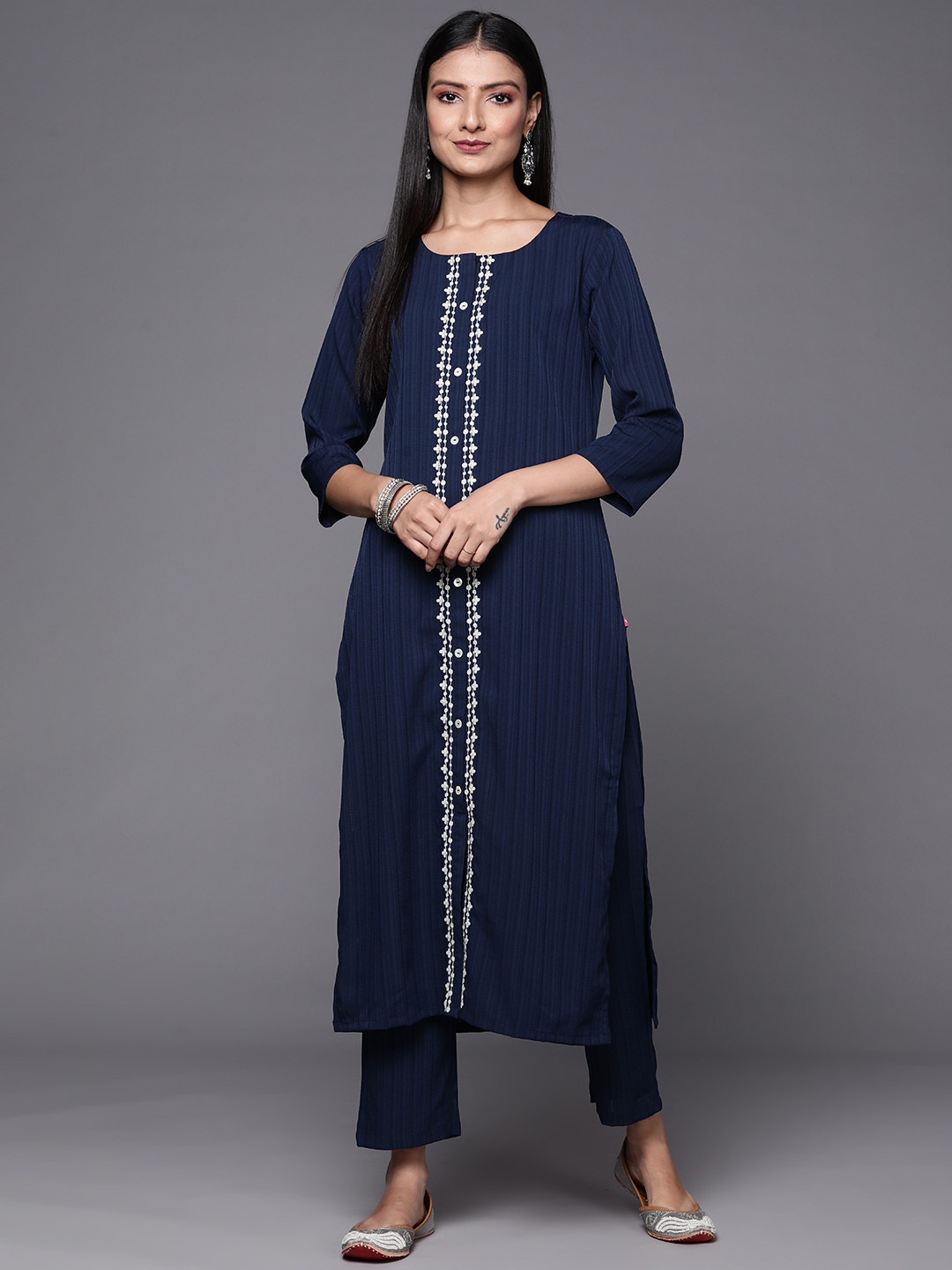 Varanga Women Navy Blue Ethnic Motifs Embroidered Panelled Thread Work Kurta with Trousers