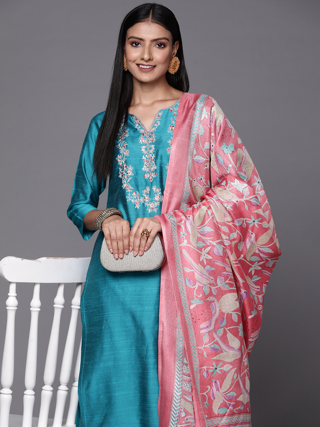 Varanga Turquoise Blue Thread Embroidered Yoke Kurta with Trouser with Printed Dupatta