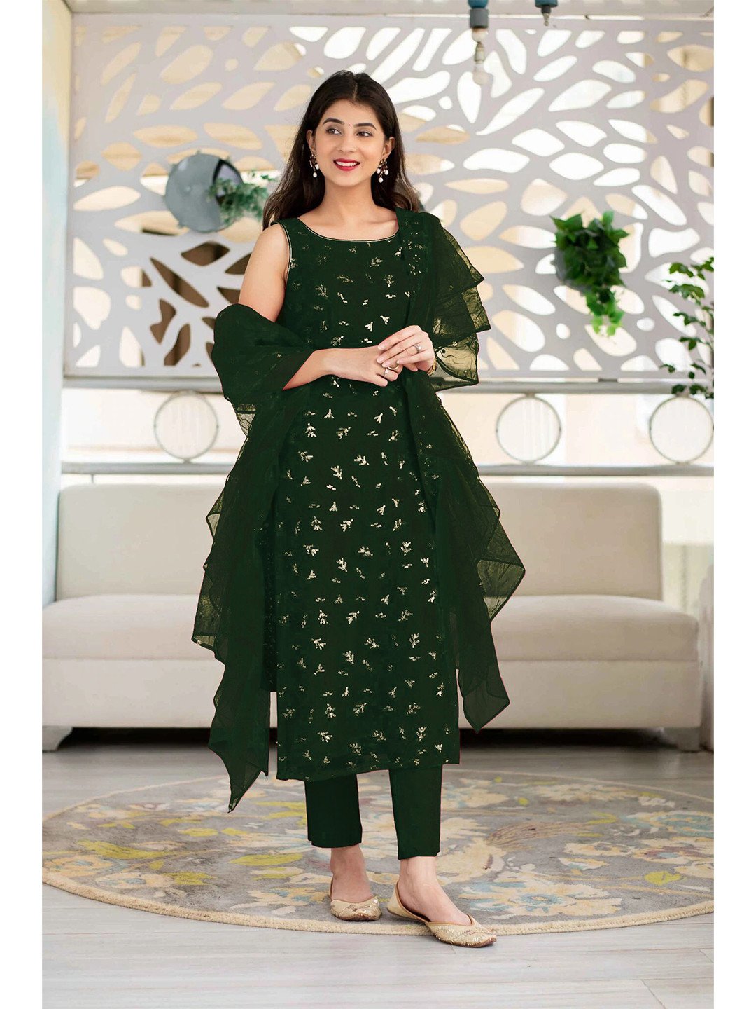 Ethnic Yard Green Embroidered Semi-Stitched Dress Material