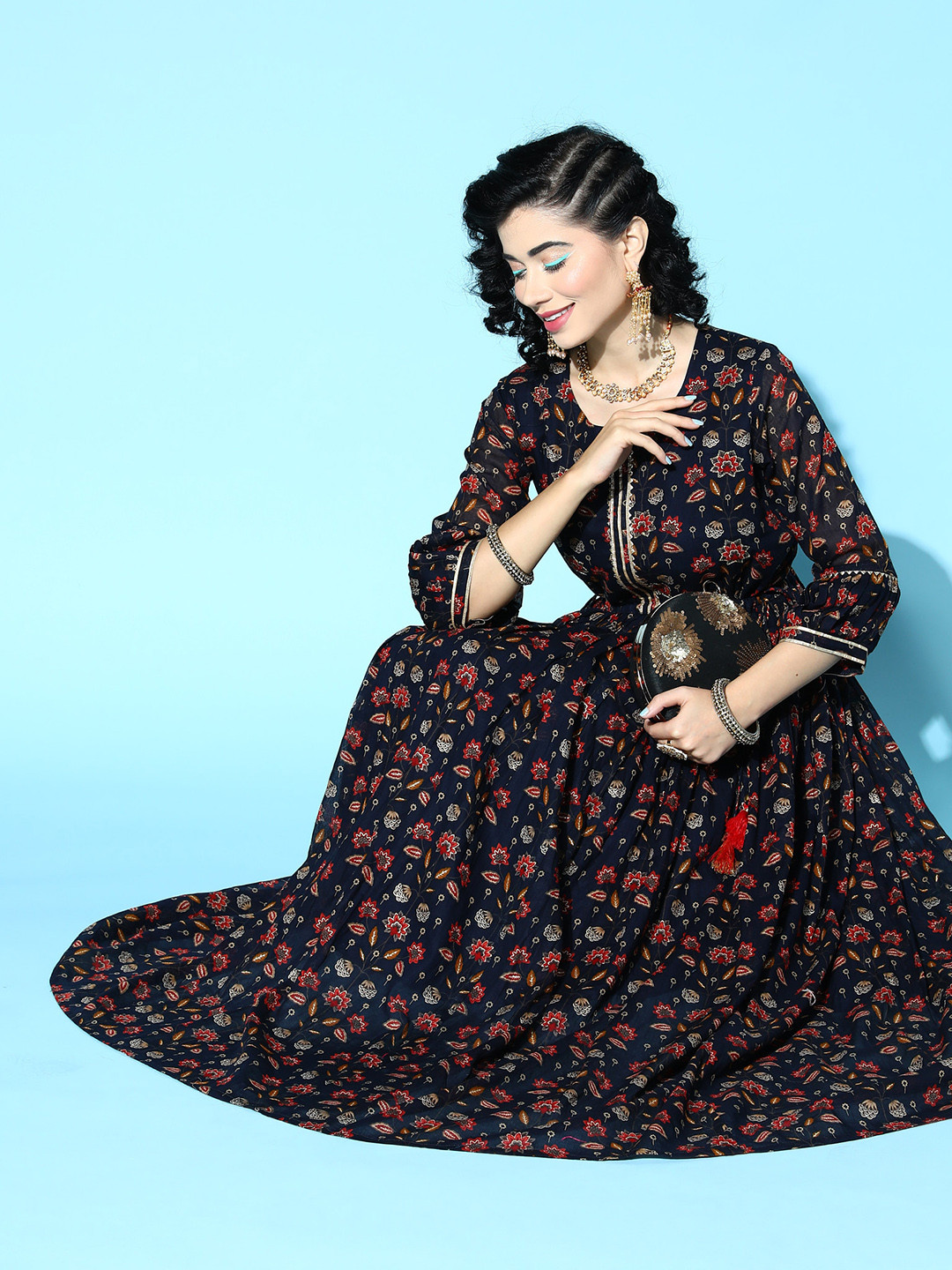 Kvsfab Women Deep Navy Blue Viscose Rayon Fluid Tie-Up Ethnic Dress